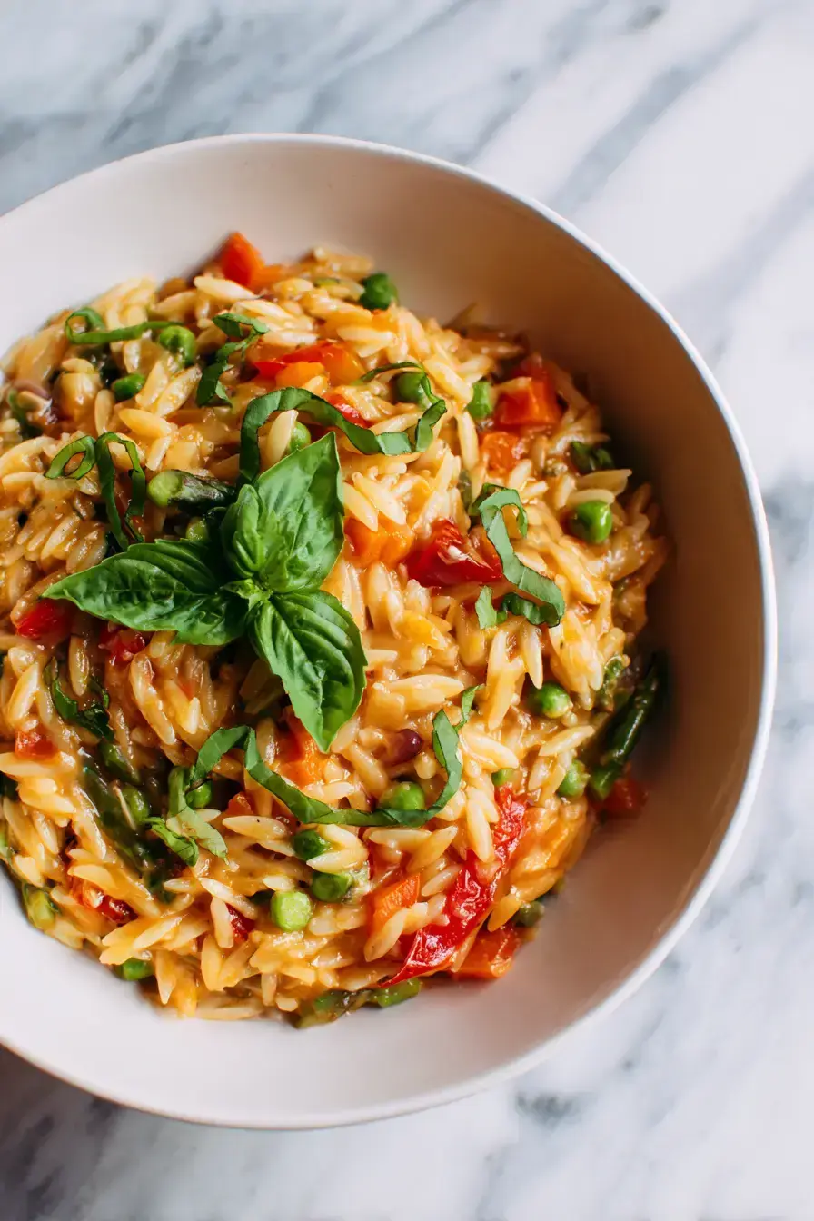 One Pot Orzo Primavera serving presentation