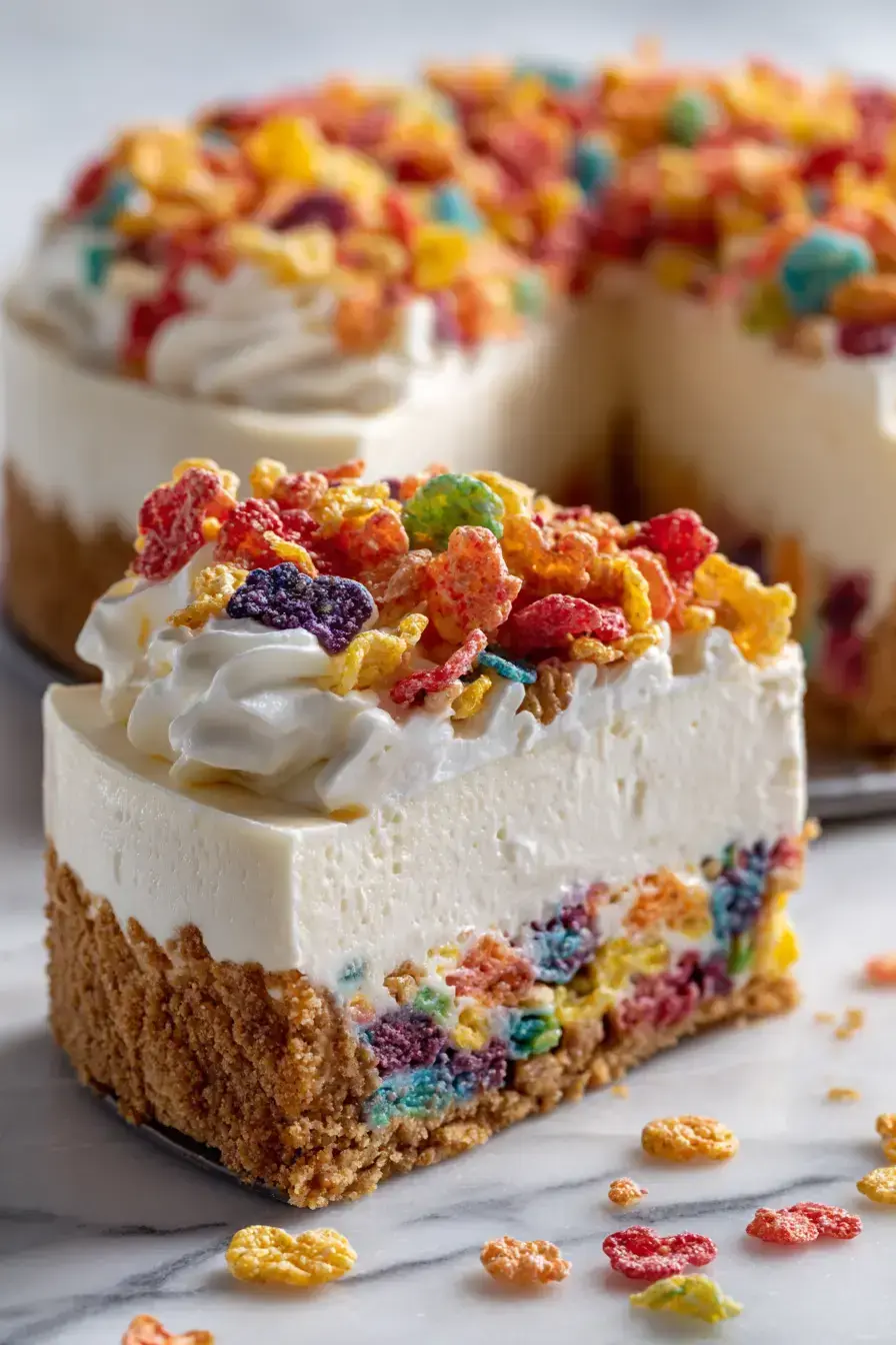 Rainbow Cereal Cheesecake serving presentation