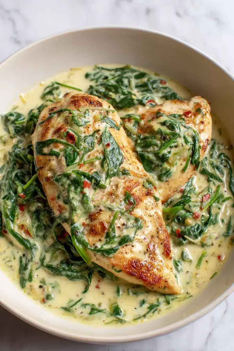 Smothered Chicken with Creamed Spinach serving presentation