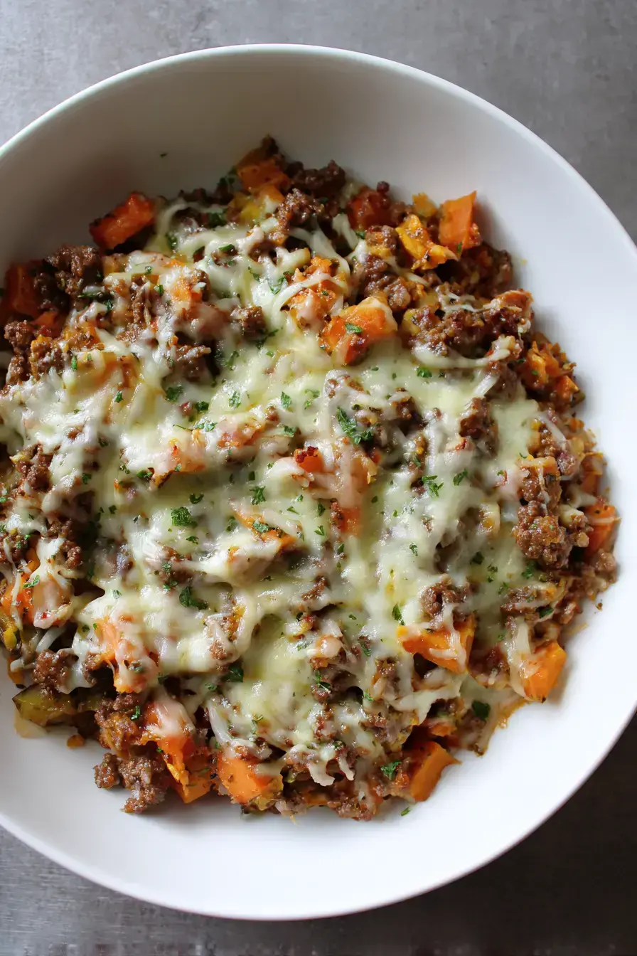 Southwest Ground Beef And Sweet Potato Skillet serving presentation