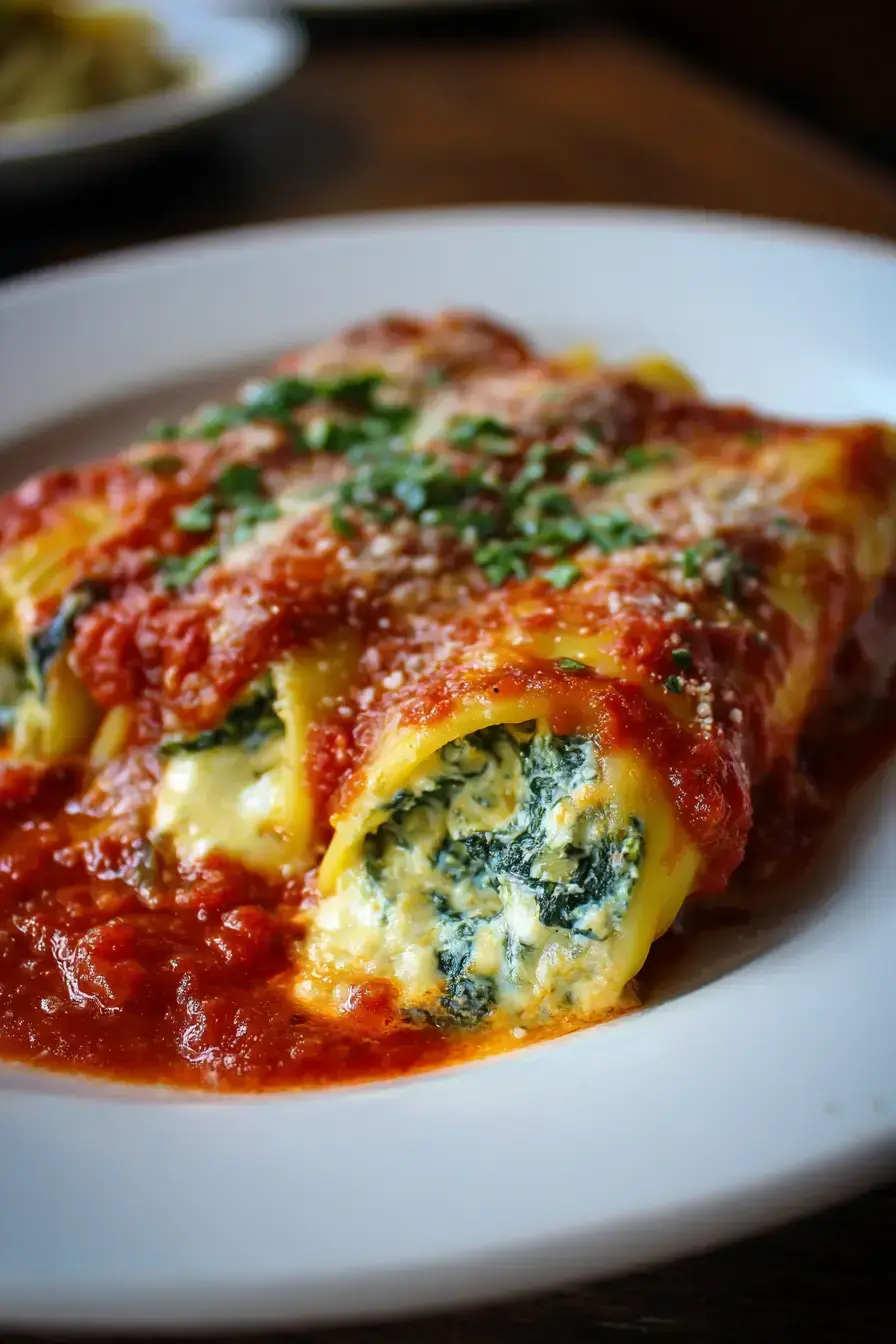 Spinach Ricotta Manicotti serving presentation