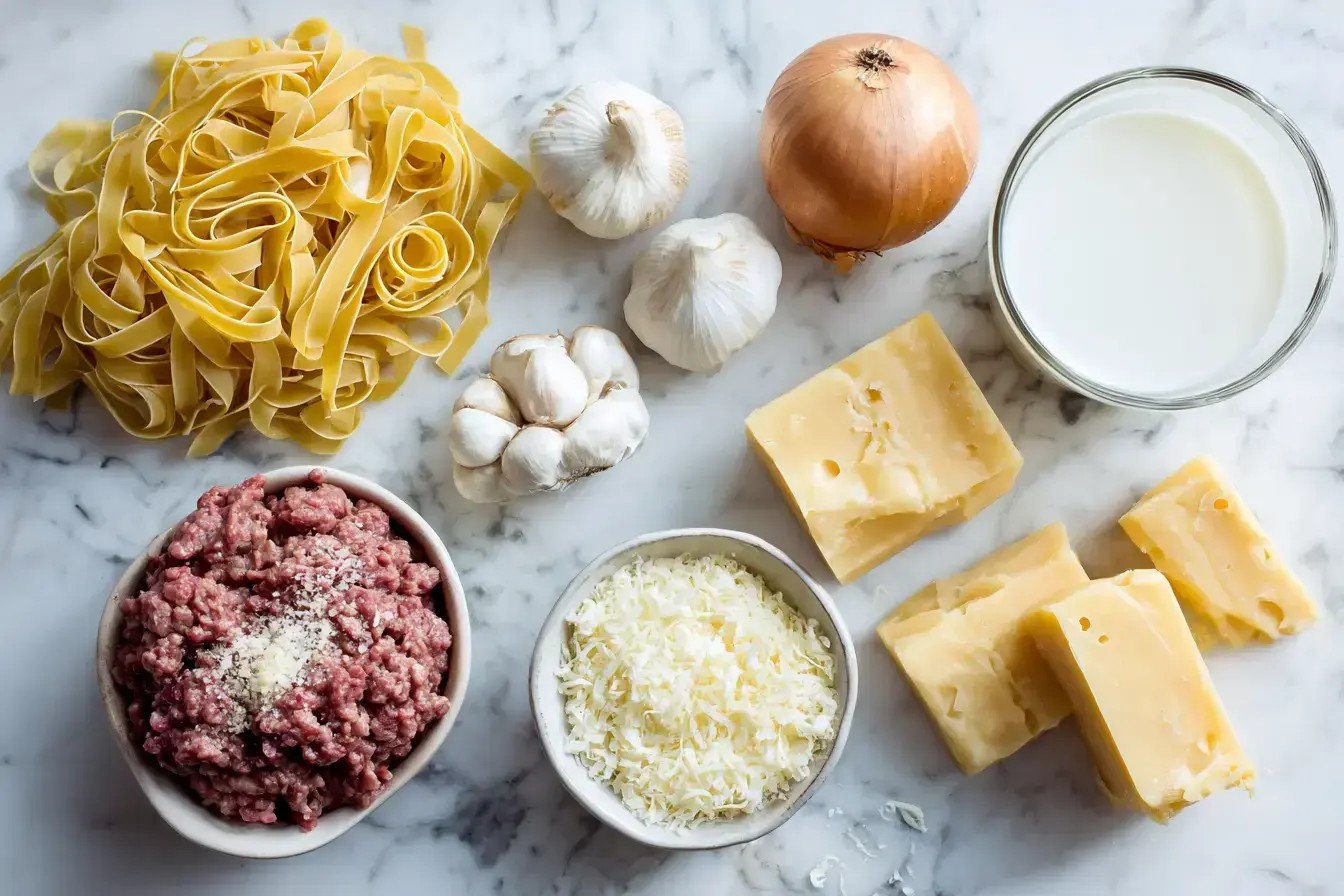 Cheeseburger Alfredo Pasta ingredients preparation