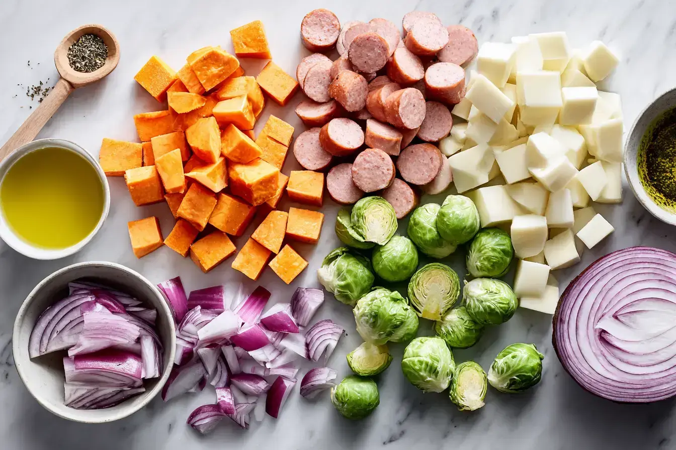 autumn kielbasa sheet pan bake with creamy curry dijon sauce ingredients preparation