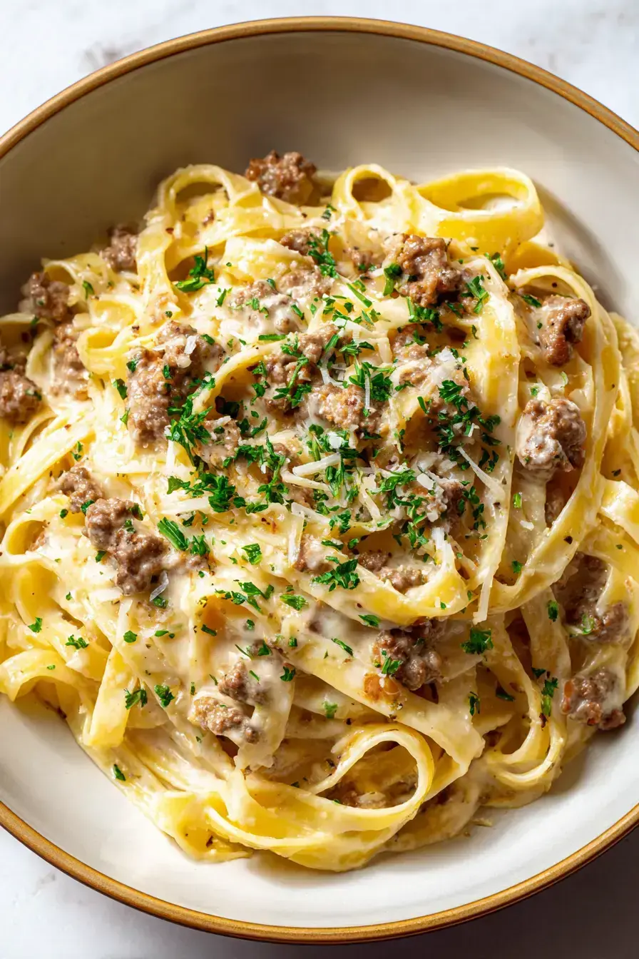 Cheeseburger Alfredo Pasta recipe finished dish