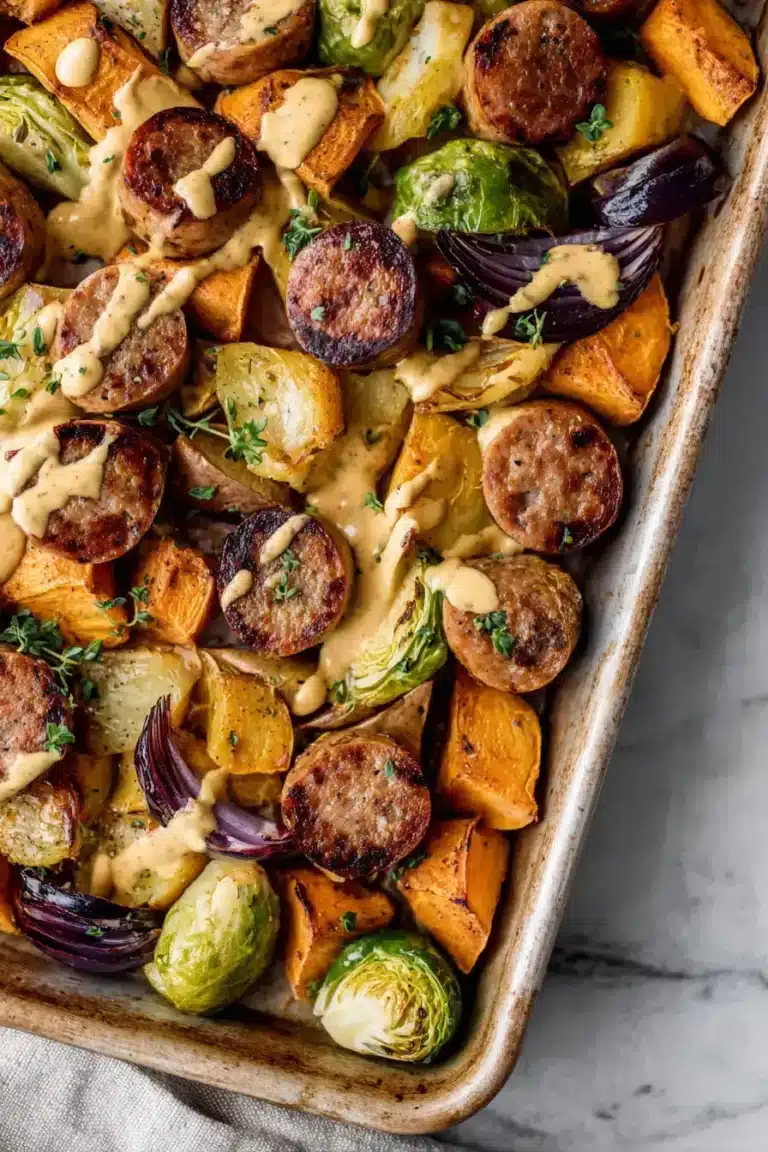 Easy autumn kielbasa sheet pan bake with creamy curry dijon sauce