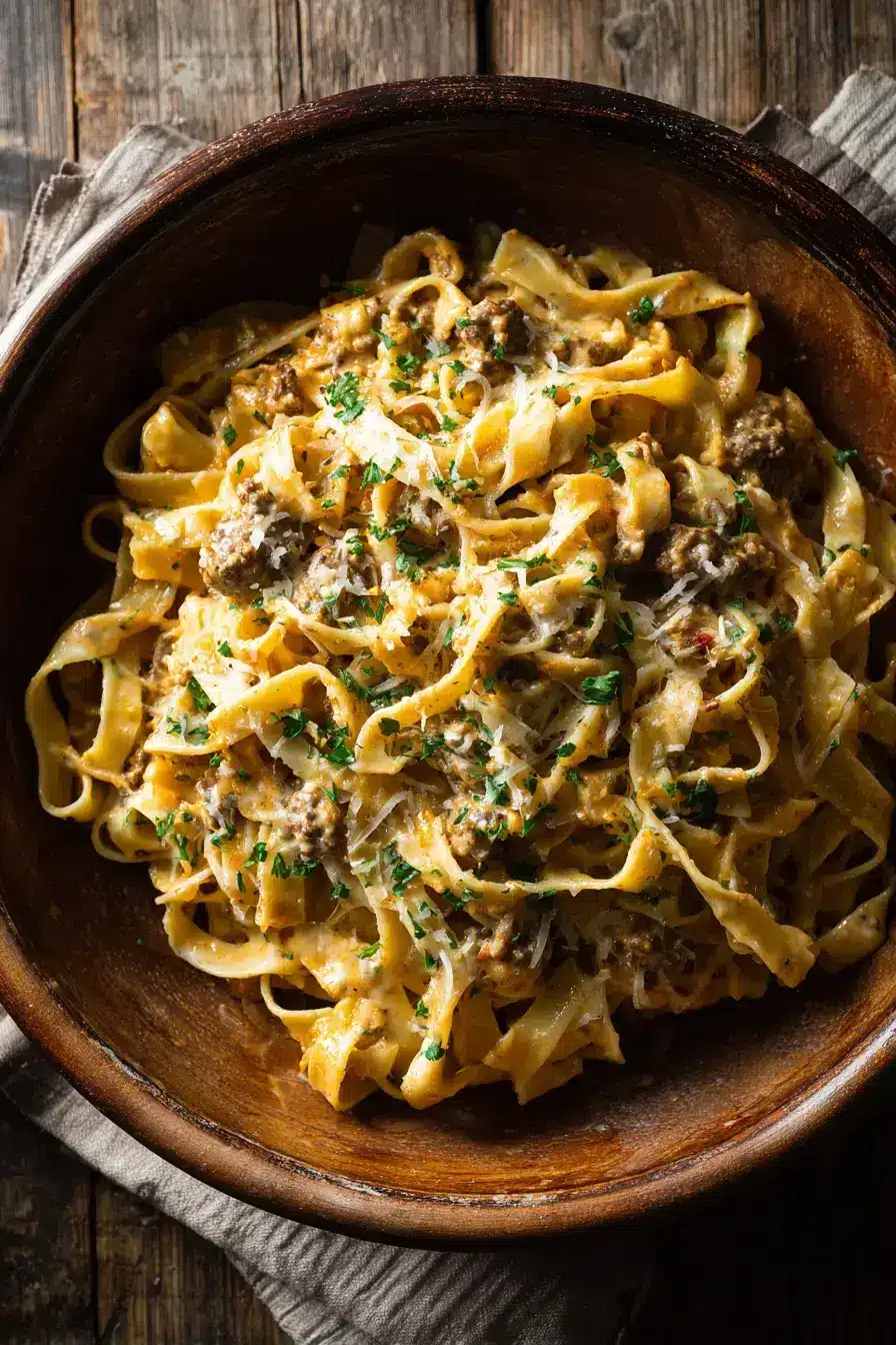 Cheeseburger Alfredo Pasta serving presentation