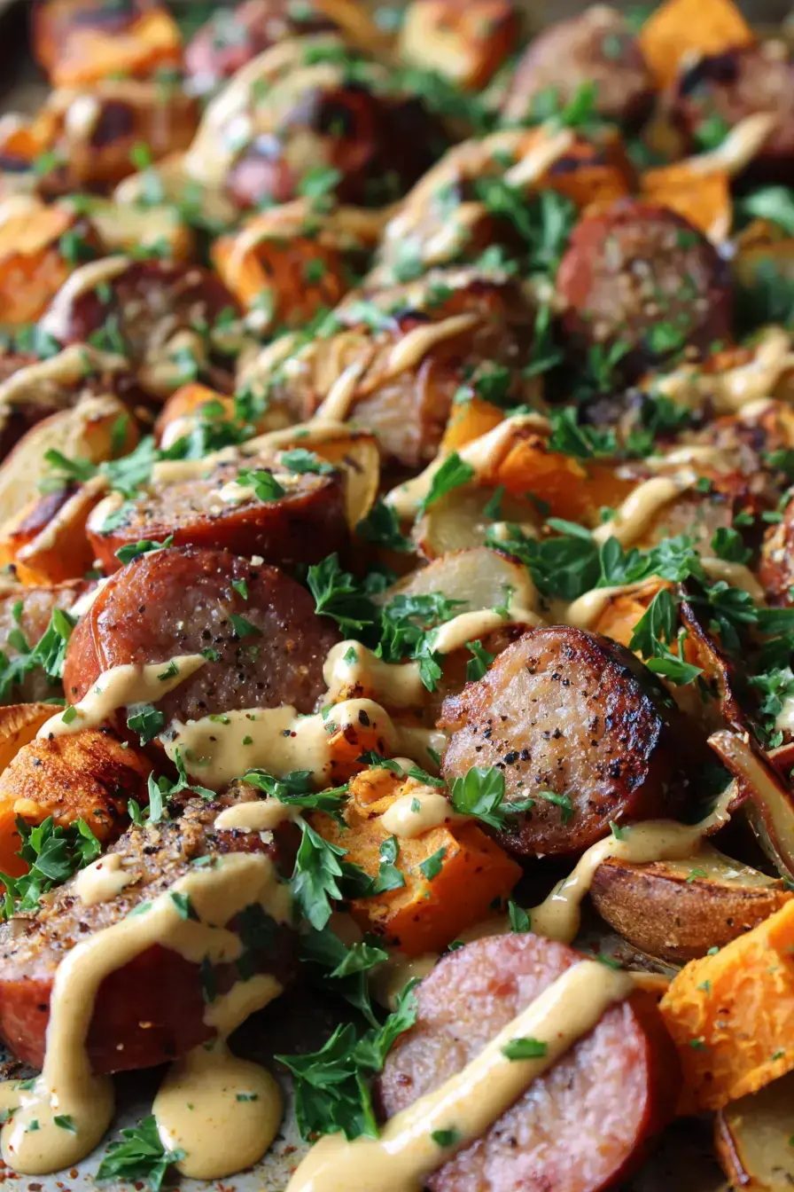 autumn kielbasa sheet pan bake with creamy curry dijon sauce serving presentation